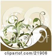 Poster, Art Print Of Leafy Green Curling Vines Over White Ones On A Brown Wave Over A Tan Background