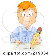 Poster, Art Print Of Red Haired School Boy Doing Homework With A Pencil