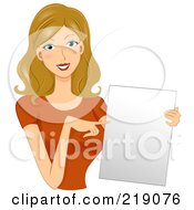 Dirty Blond Woman Holding And Pointing To Blank Paper