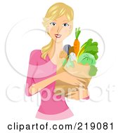 Poster, Art Print Of Pretty Blond Woman Carrying A Grocery Bag