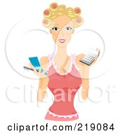 Pretty Blond Woman With Her Hair In Curlers Holding A Notepad And Calculator