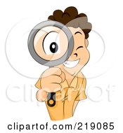 Poster, Art Print Of Brunette Boy Looking Through A Magnifying Glass