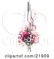 Clipart Picture Illustration Of A Design Element With Pink Flowers Black Circles And Vines Paint Splatters And Black Lines Over White