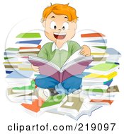 Poster, Art Print Of Red Haired School Boy Reading And Surrounded By Books