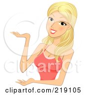 Poster, Art Print Of Pretty Blond Woman Presenting In A Pink Tank Top