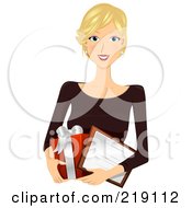 Pretty Blond Woman Carrying A Gift Box And Certificate