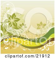 Clipart Picture Illustration Of White Orange And Green Floral Vines Over Green Yellow And Brown Waves