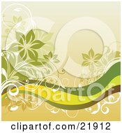 Poster, Art Print Of White Orange And Green Floral Vines Over Green Yellow And Brown Waves