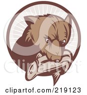 Royalty Free RF Clipart Illustration Of A Bear With A Fish In His Mouth Over A Brown Circle