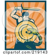 Poster, Art Print Of Retro Warrior Slaying A Snake With A Sword