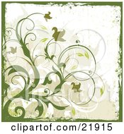Clipart Picture Illustration Of A Flowering Green Plant With Curly Stems Over A Grunge Green And White Background