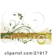 Clipart Picture Illustration Of Green Curly Vines With Beautiful Flowers Over An Orange Horizontal Line On A White Background