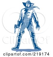 Poster, Art Print Of Sketched Blue Cowboy Standing With A Gun