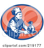 Poster, Art Print Of Retro Blue And Red Chef Serving Money Logo