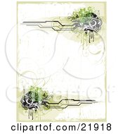 Clipart Picture Illustration Of A Grunge White Background With Green And White Vines And Flowers And Black Lines