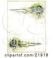 Poster, Art Print Of Grunge White Background With Green And White Vines And Flowers And Black Lines