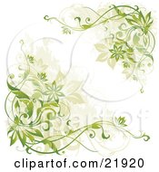 Clipart Picture Illustration Of Corners Of Green And Tan Flowering Vines Over A White Background