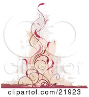Vertical Red-Brown Curly Vine With Red Flowers Over A Brown And Gray Grunge Background With White
