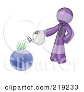 Poster, Art Print Of Purple Man Using A Watering Can To Water New Grass Growing On Planet Earth Symbolizing Someone Caring For The Environment