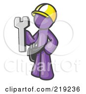 Proud Purple Construction Worker Man In A Hardhat Holding A Wrench Clipart Illustration