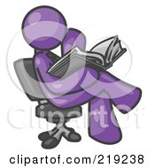 Clipart Illustration Of A Purple Man Sitting Cross Legged In A Chair And Reading A Book
