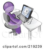 Poster, Art Print Of Purple Doctor Man Sitting At A Computer And Viewing An Xray Of A Head