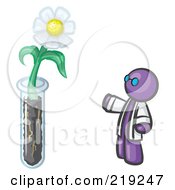 Poster, Art Print Of Purple Man Scientist By A Giant White Daisy Flower In A Test Tube