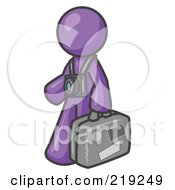 Clipart Illustration Of A Purple Male Tourist Carrying His Suitcase And Walking With A Camera Around His Neck