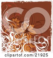 Poster, Art Print Of White Orange And Brown Circles Vines And Flowers Over A Brown Background