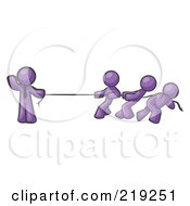 Strong Purple Man Holding One End Of Rope While Three Others Pull On The Other Side During Tug Of War