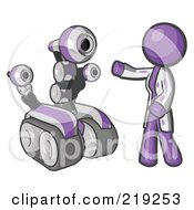 Royalty Free RF Clipart Illustration Of A Purple Man Inventor With A Rover Robot