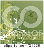 Clipart Picture Illustration Of White And Green Flowering Vines Scrolling Over Horizontal And Vertical Lines On A Green Background