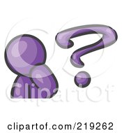 Poster, Art Print Of Purple Man Rubbing His Chin And Posed By A Question Mark Symbolizing Curiosity Confusion And Uncertainty