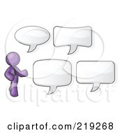 Poster, Art Print Of Purple Businessman With Four Different Word Bubbles