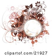 Poster, Art Print Of Grunge Splattered Blank Circle Text Spce With Brown Pink And Orange Viens Circles Splatters And Flowers On A White Background
