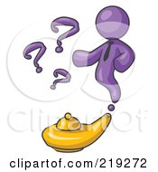 Clipart Illustration Of A Purple Genie Man Emerging From A Golden Lamp With Question Marks