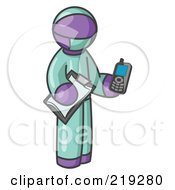 Clipart Illustration Of A Purple Surgeon Man Holding A Clipboard And Cellular Telephone