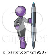 Purple Woman In A Gray Dress Standing With One Hand On Her Hip Holding A Huge Pen by Leo Blanchette