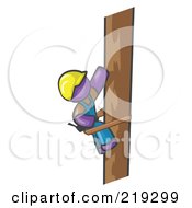 Purple Man Design Masccot Worker Climbing A Phone Pole