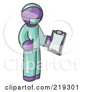 Poster, Art Print Of Purple Surgeon Man In Green Scrubs Holding A Pen And Clipboard