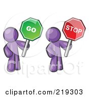 Poster, Art Print Of Purple Men Holding Red And Green Stop And Go Signs