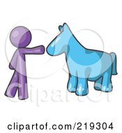 Purple Man Petting A Blue Horse