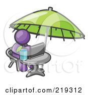 Poster, Art Print Of Traveling Purple Business Man Sitting Under An Umbrella At A Table Using A Laptop Computer