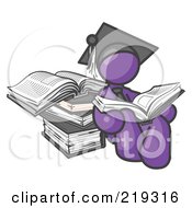 Poster, Art Print Of Purple Male Student In A Graduation Cap Reading A Book And Leaning Against A Stack Of Books