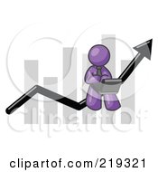 Poster, Art Print Of Purple Man Using A Laptop Computer Riding The Increasing Arrow Line On A Business Chart Graph
