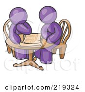 Poster, Art Print Of Two Purple Businessmen Sitting At A Table Discussing Papers
