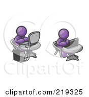 Poster, Art Print Of Two Purple Men Employees Working On Computers In An Office One Using A Desktop The Other Using A Laptop