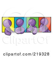 Poster, Art Print Of Four Purple Men In Different Poses Against Colorful Backgrounds Perhaps During A Meeting