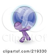 Poster, Art Print Of Purple Man Carrying The Blue Planet Earth On His Shoulders Symbolizing Ecology And Going Green