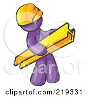 Poster, Art Print Of Purple Man Construction Worker Wearing A Hardhat And Carrying A Beam At A Work Site